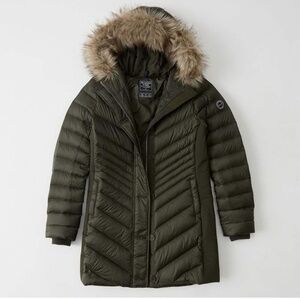 Abercrombie Down Filled Parka XS Olive Green Puffer Jacket Faux Fur Hood Quilted